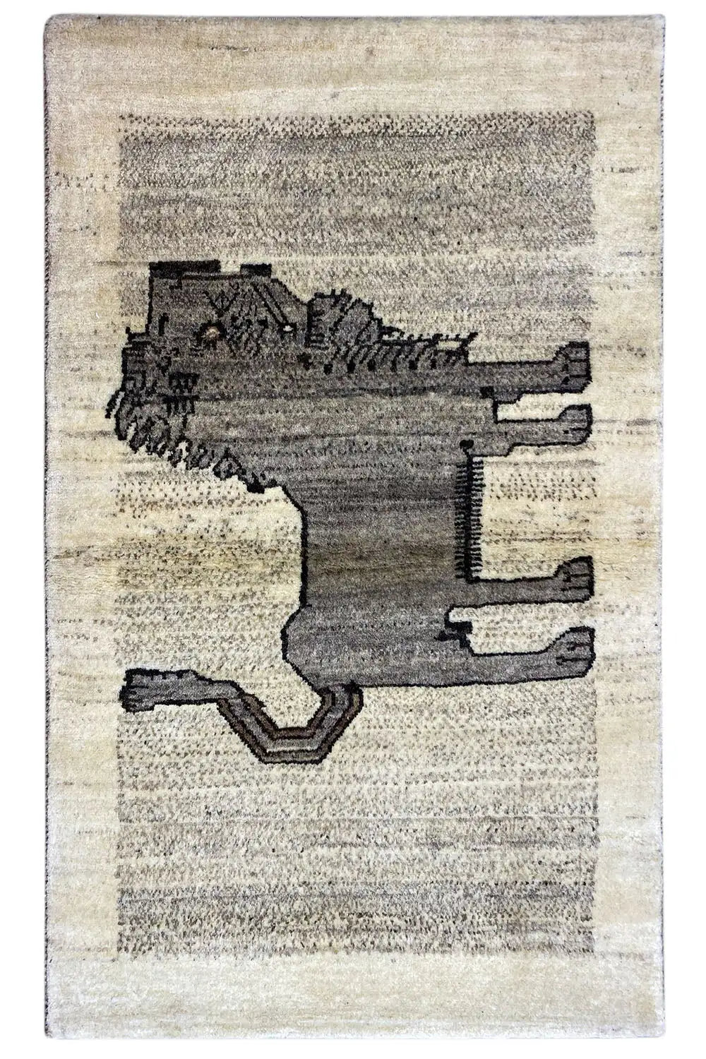 Gabbeh rug with lion pattern, beige background, dark gray appliqué