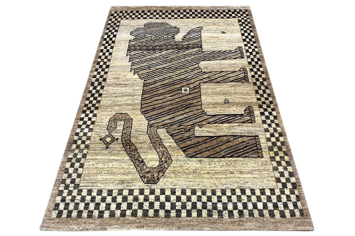Gabbeh rug with stylized animal and object motif, checked border in black and beige
