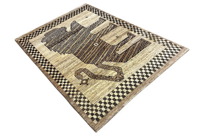 Beige and dark brown gabbeh rug with an animal motif and black-and-beige checkered pattern