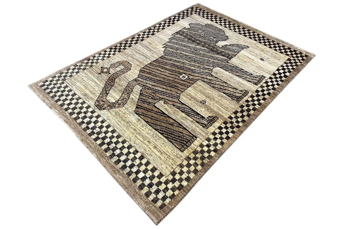 Gabbeh rug with several figures/objects, checkered border in black and light beige