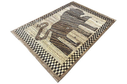 Gabbeh rug with several figures/objects, checkered border in black and light beige