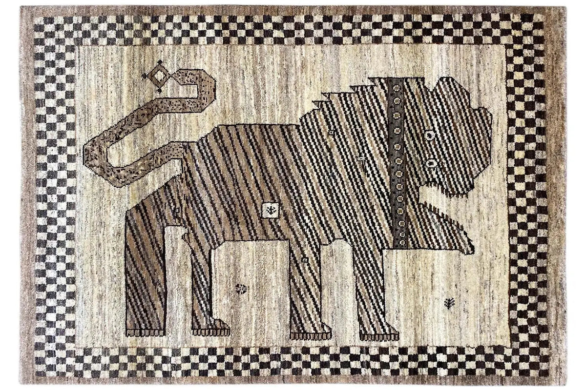 Gabbeh rug with cheetah/animal motif, black and beige checkered border, and patterned areas