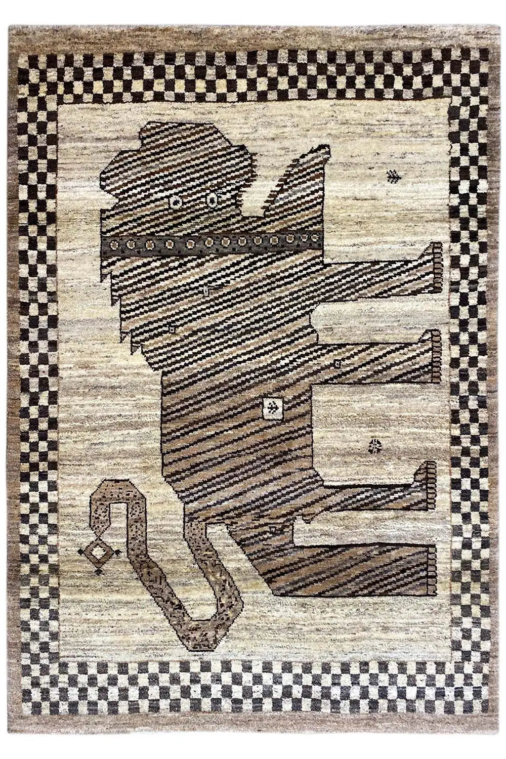 Gabbeh rug with an animal motif in a relief look, black-and-beige checkered border and geometric pattern