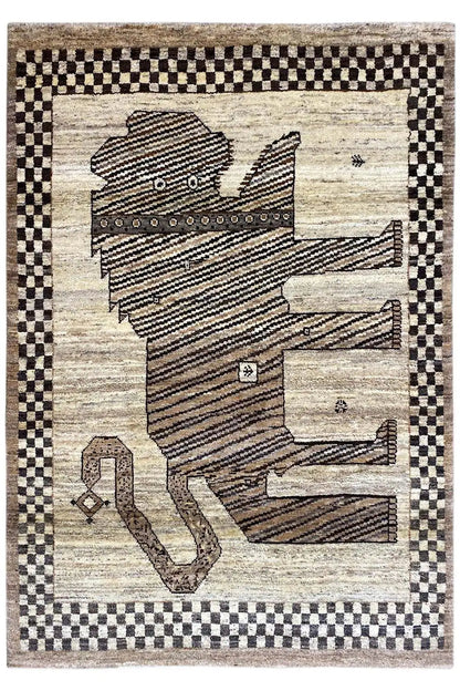 Gabbeh rug with an animal motif in a relief look, black-and-beige checkered border and geometric pattern