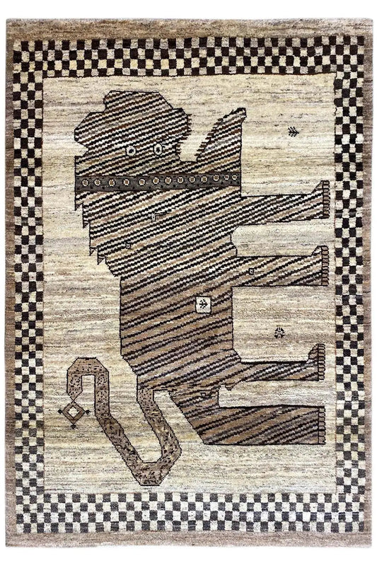 Gabbeh rug with an animal motif in a relief look, black-and-beige checkered border and geometric pattern