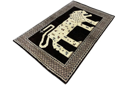 Rectangular oriental rug with lion motif, dark background, beige decorative border