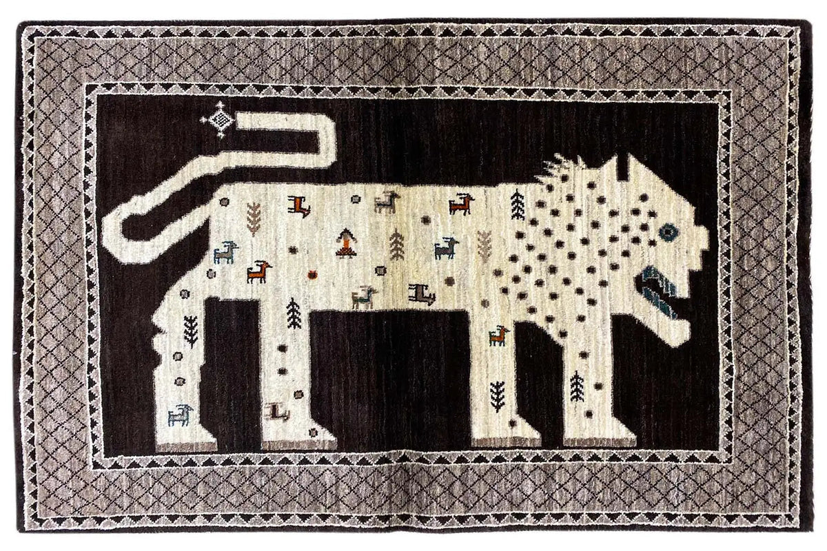 Oriental rug with lion motif, dark background with beige patterns and decorative border