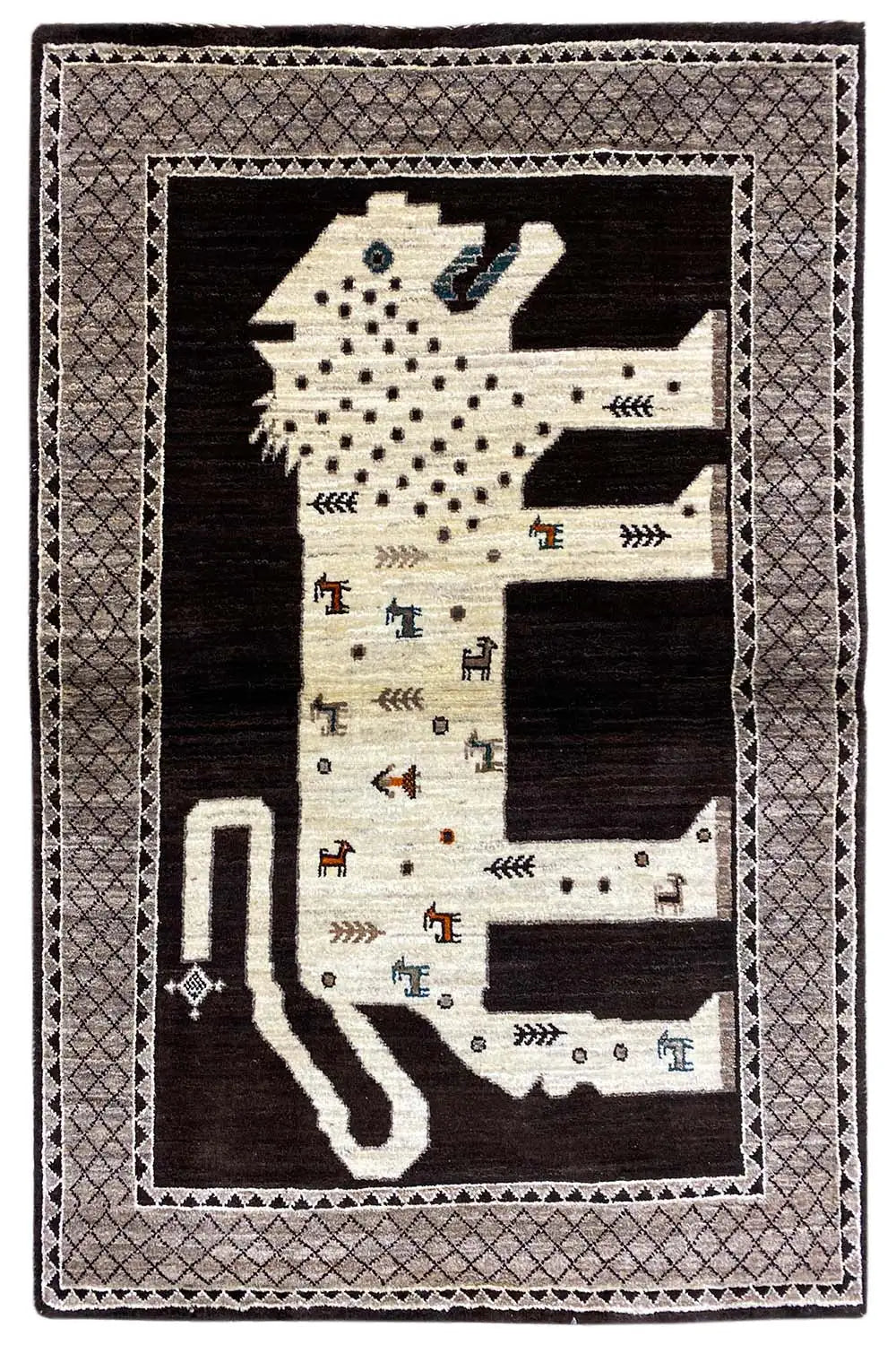 Oriental rug with a stylized lion motif, dark and beige, with a surrounding border