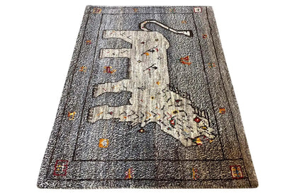 Gabbeh rug in trapezoidal view with lion motif, gray and multicolored border