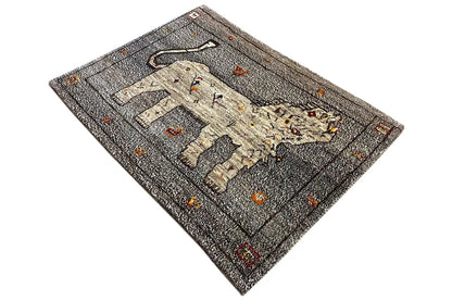 Square-turned Gabbeh rug: lion motif, gray with colorful dots