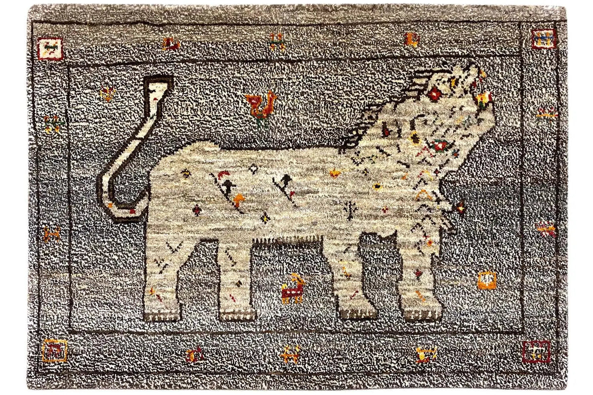 Rectangular Gabbeh rug with a lion motif and multicolored ornamentation, gray
