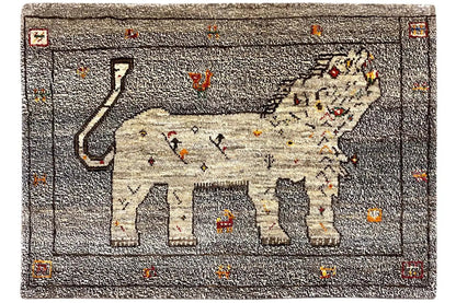 Rectangular Gabbeh rug with a lion motif and multicolored ornamentation, gray