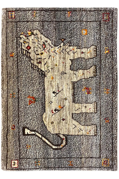 Gabbeh rug with lion motif, gray, multicolored accents and border