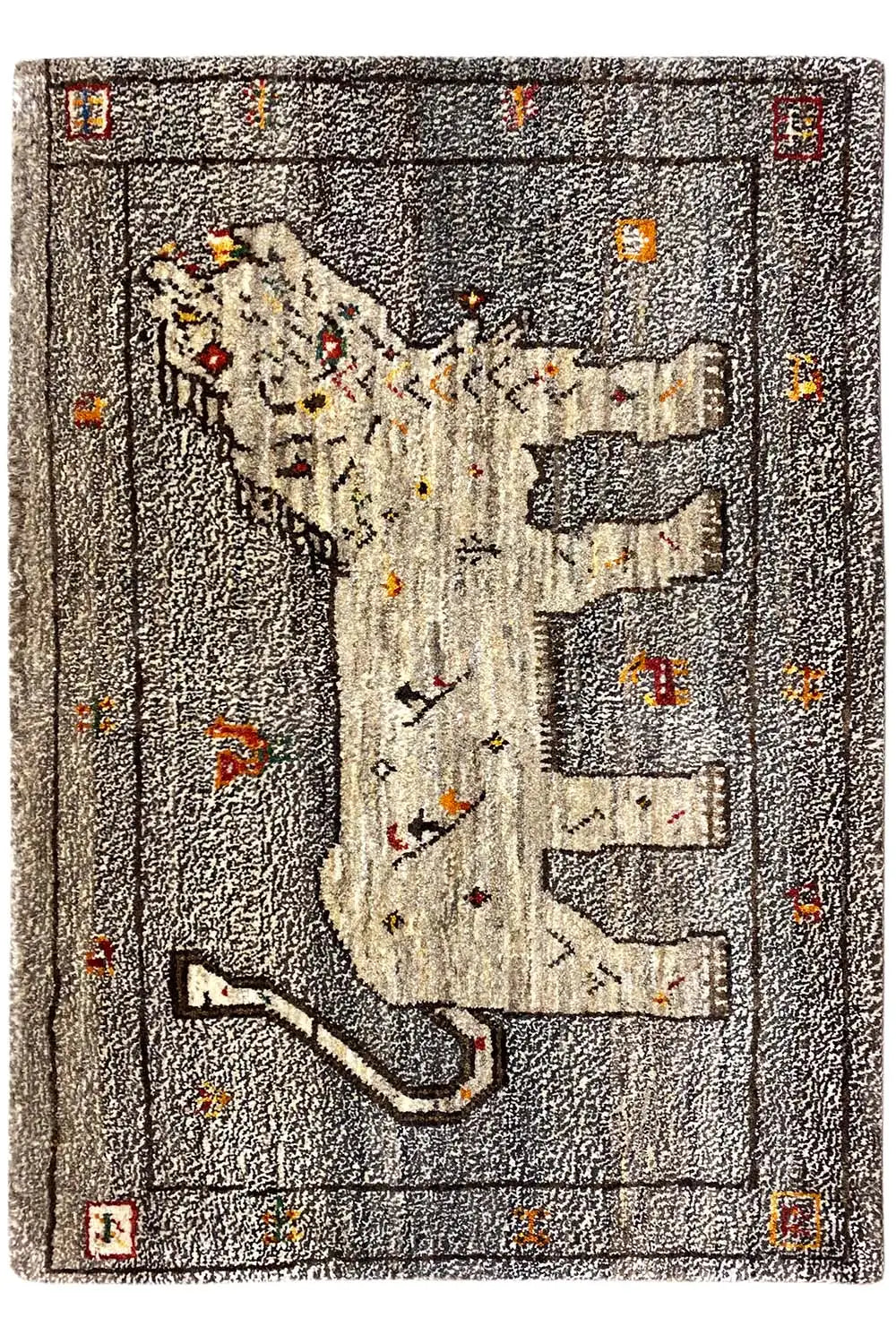 Gabbeh rug with lions and houses as a motif, gray with colorful dots