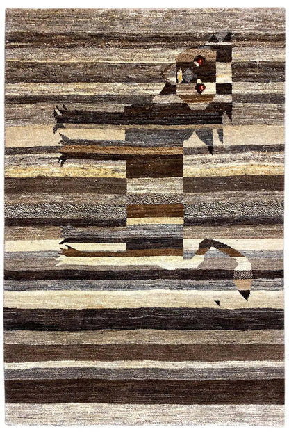 Rectangular Gabbeh rug with horizontal stripes and a lion motif in brown/beige.