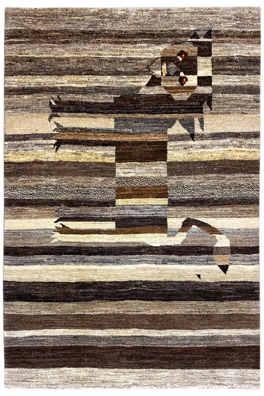 Rectangular Gabbeh rug with horizontal stripes and a lion motif in brown/beige.