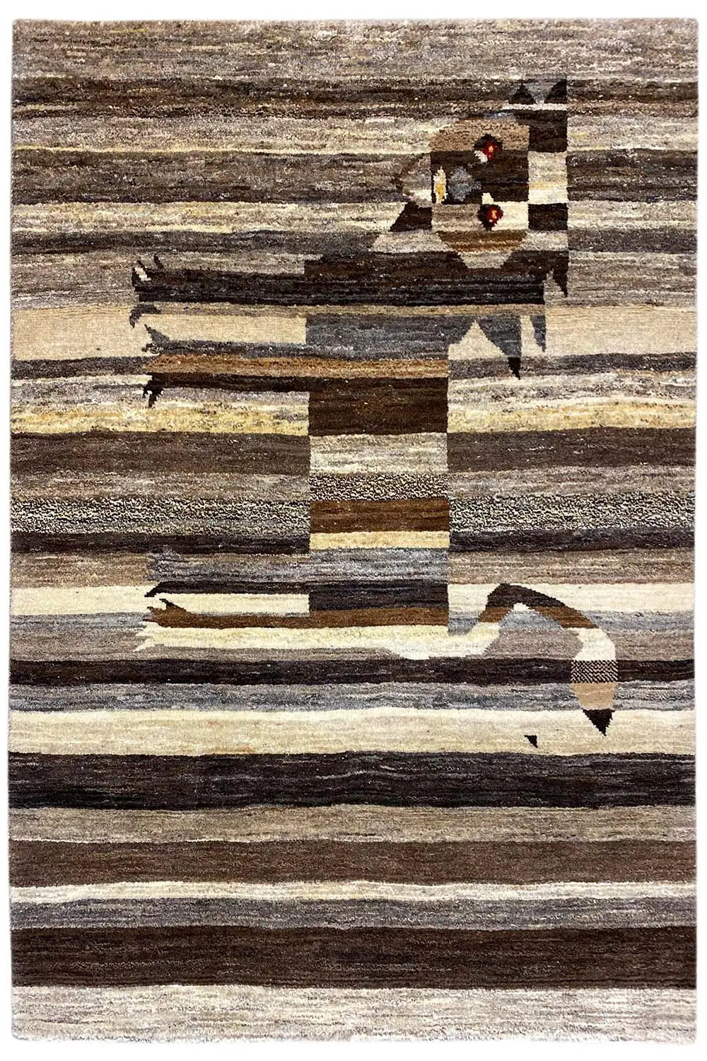 Gabbeh rug with a striped pattern and lion motif in muted brown and beige tones.