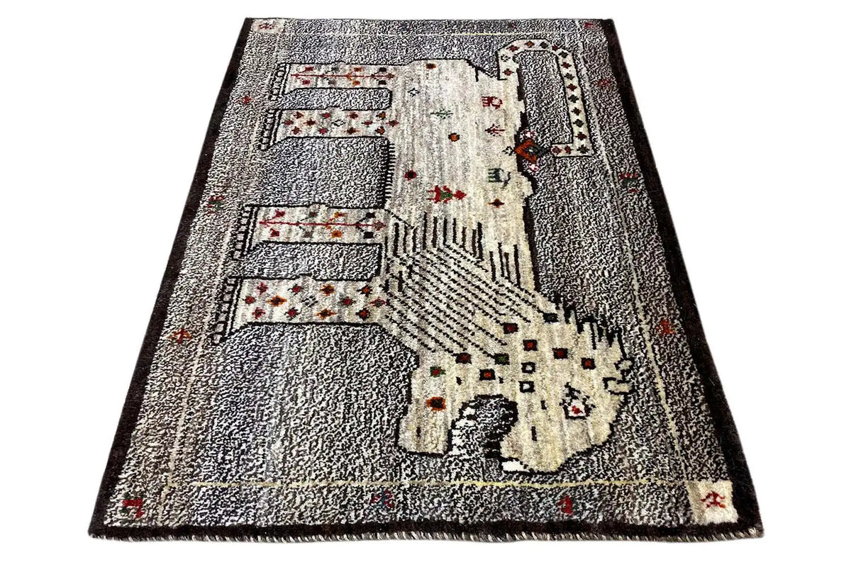 Rectangular Gabbeh rug 93x66 cm: gray, cream and red, central design area