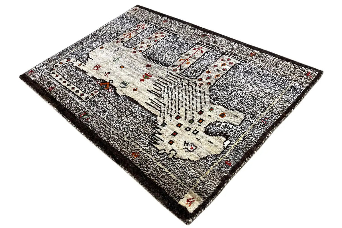 Gabbeh rug 93x66 cm, mottled gray: cream patterned sections with red embellishments