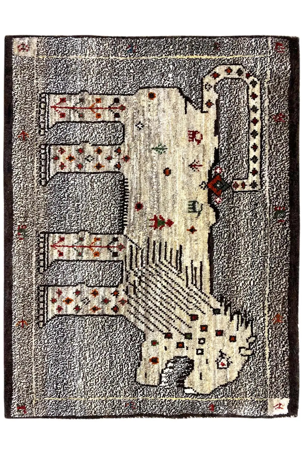 Lion Gabbeh rug 93x66 cm: gray-mottled pile with a geometric cream motif