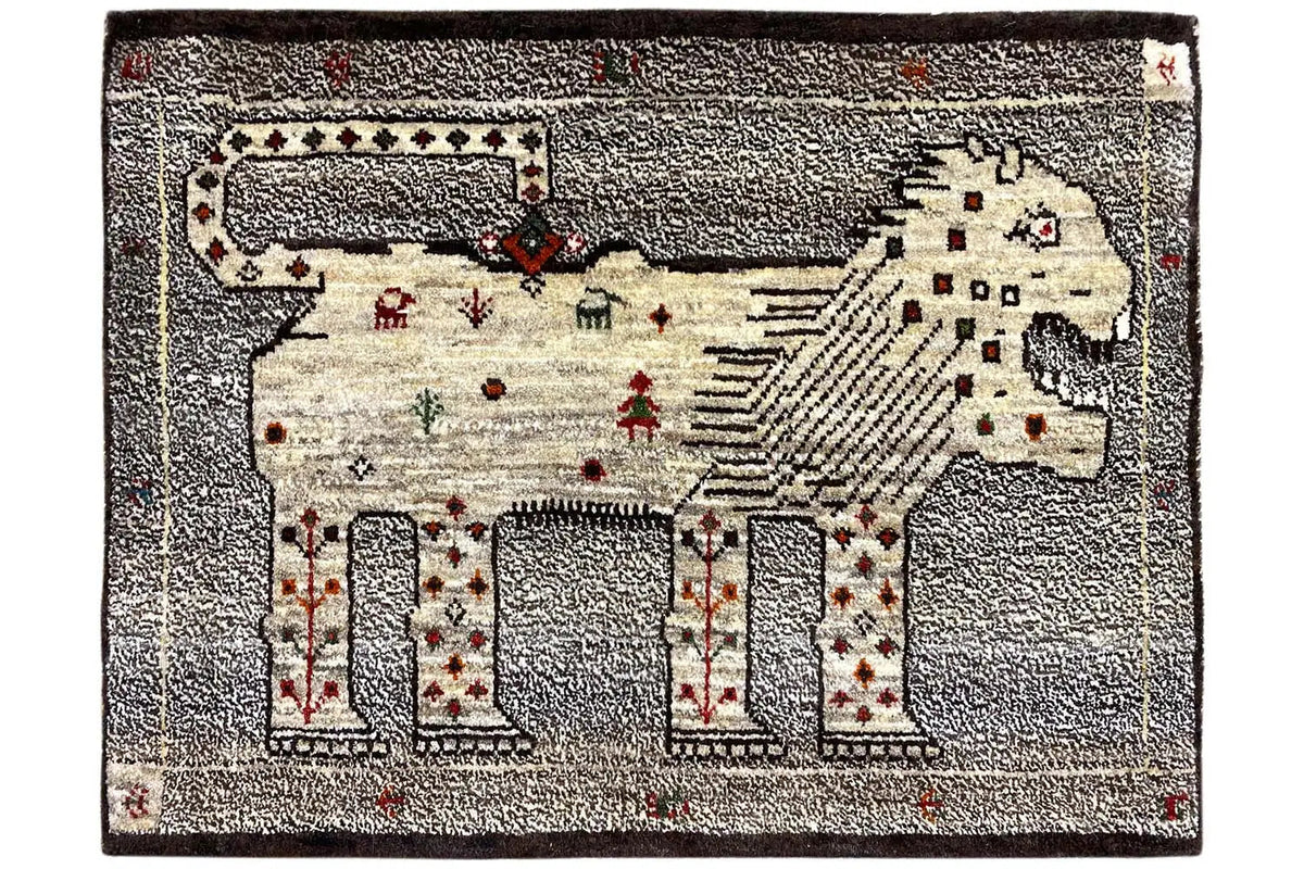 Gabbeh rug, lion Gabbeh, 93x66 cm, with a gray-cream pattern and red accents