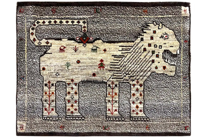 Gabbeh rug, lion Gabbeh, 93x66 cm, with a gray-cream pattern and red accents