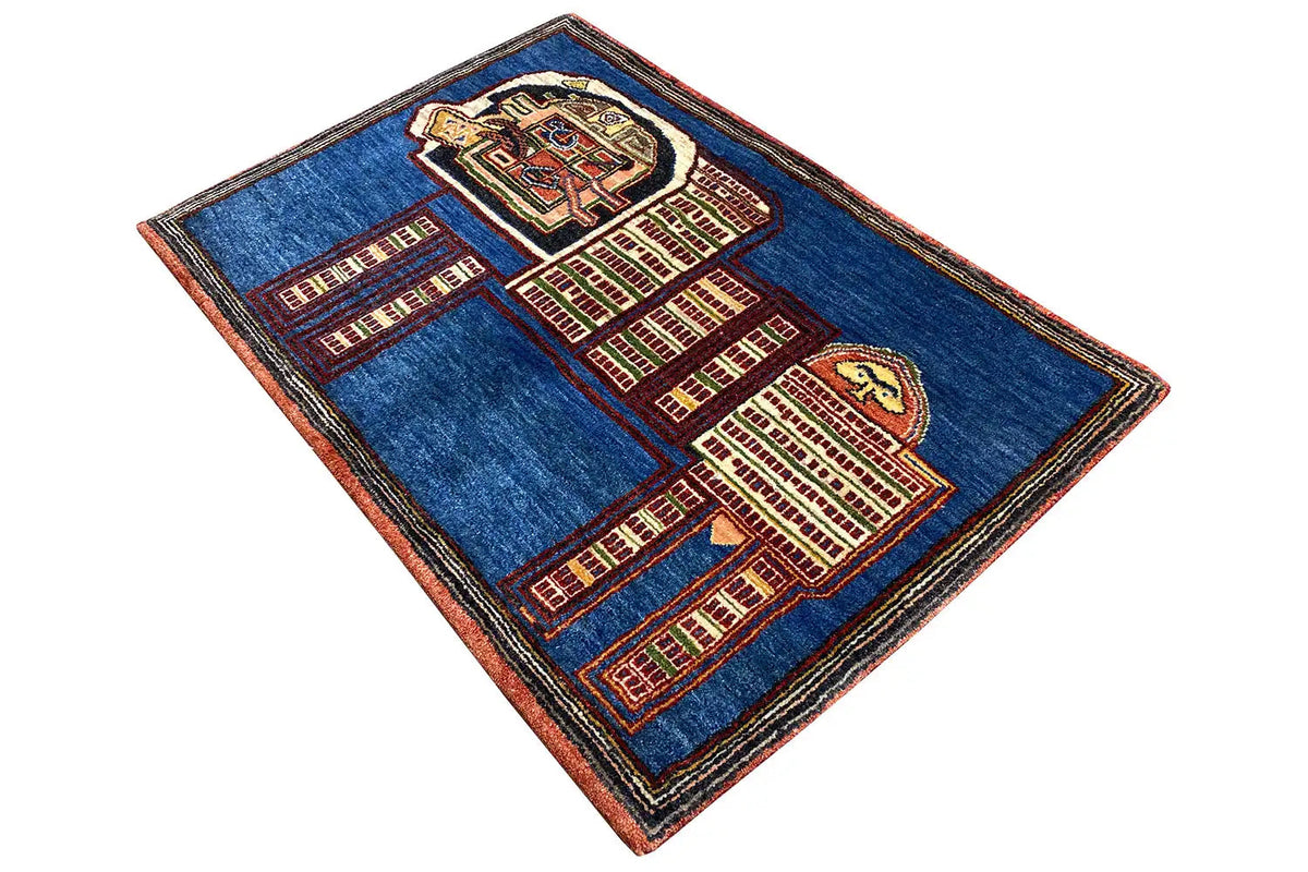 Blue Gabbeh rug diagonal, with red and beige decorative and lion motifs
