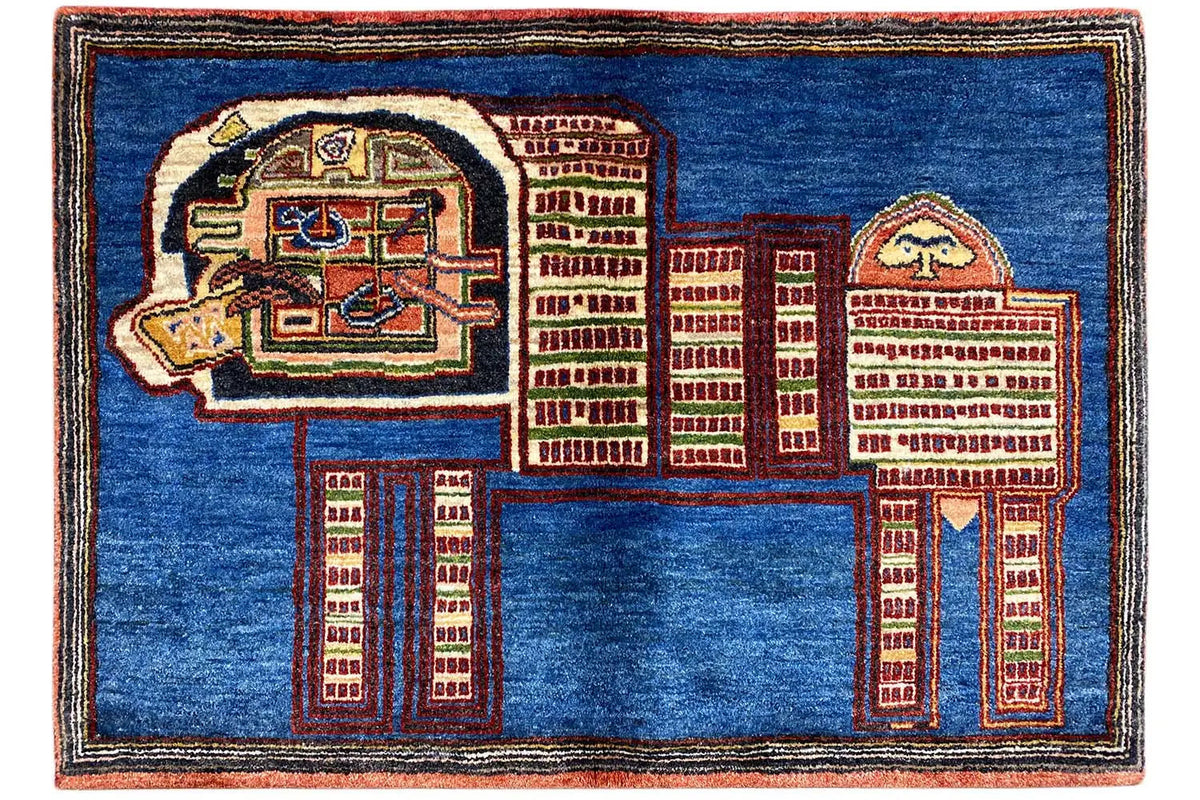 Blue Gabbeh rug with red and beige lion city pattern, rectangular, 123x86 cm