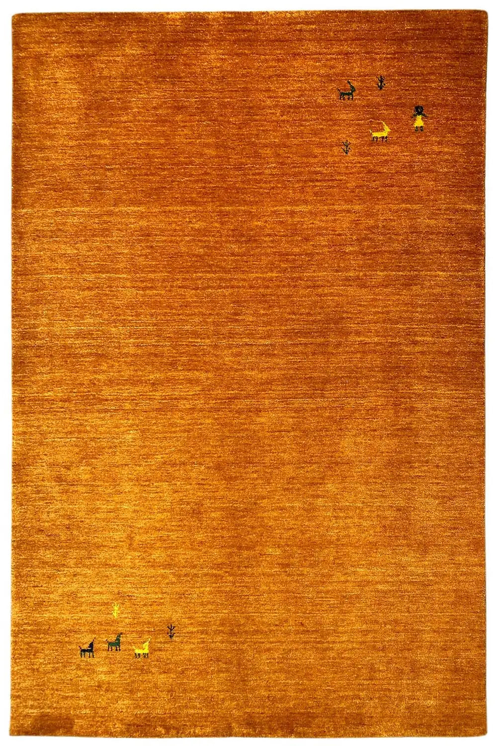 Rectangular Gabbeh rug in honey brown with scattered animal motifs