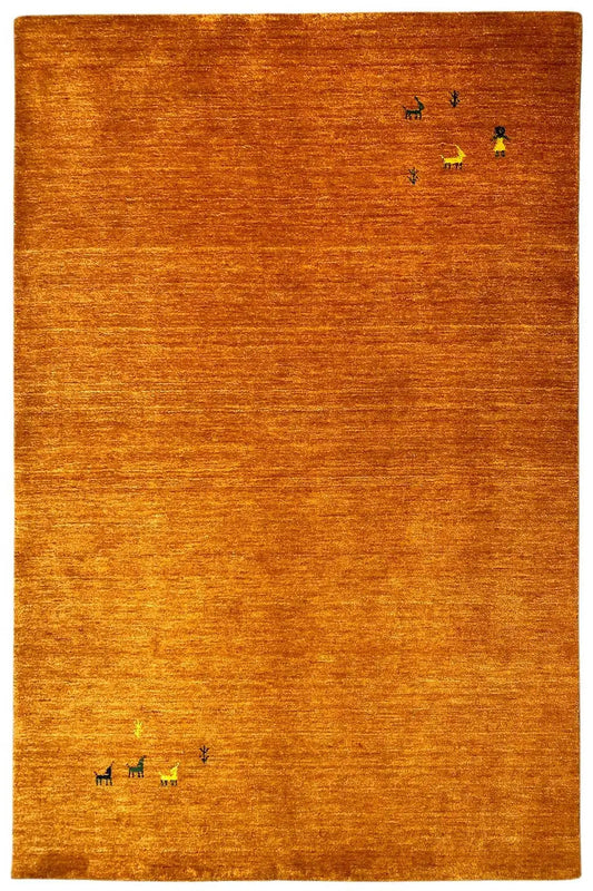 Rectangular Gabbeh rug in honey brown with scattered animal motifs
