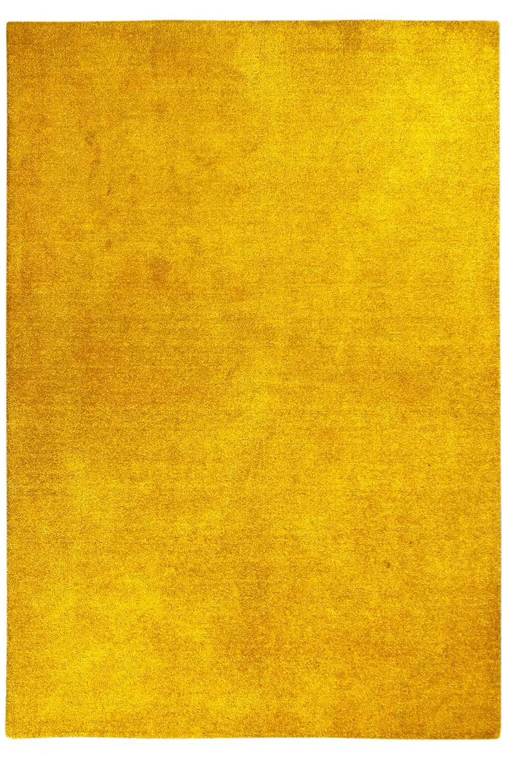 Mustard-yellow gabbeh rug, front view of the rectangular surface, with no discernible pattern