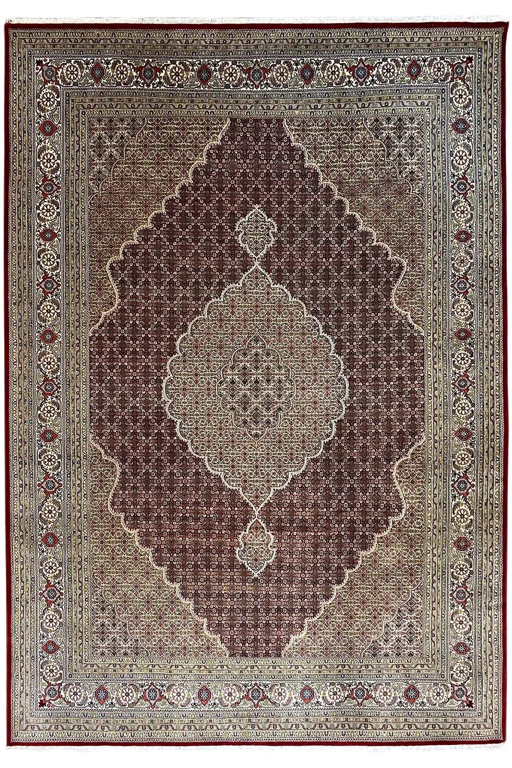 Square-look rug with a brown background and a light floral ornamental medallion