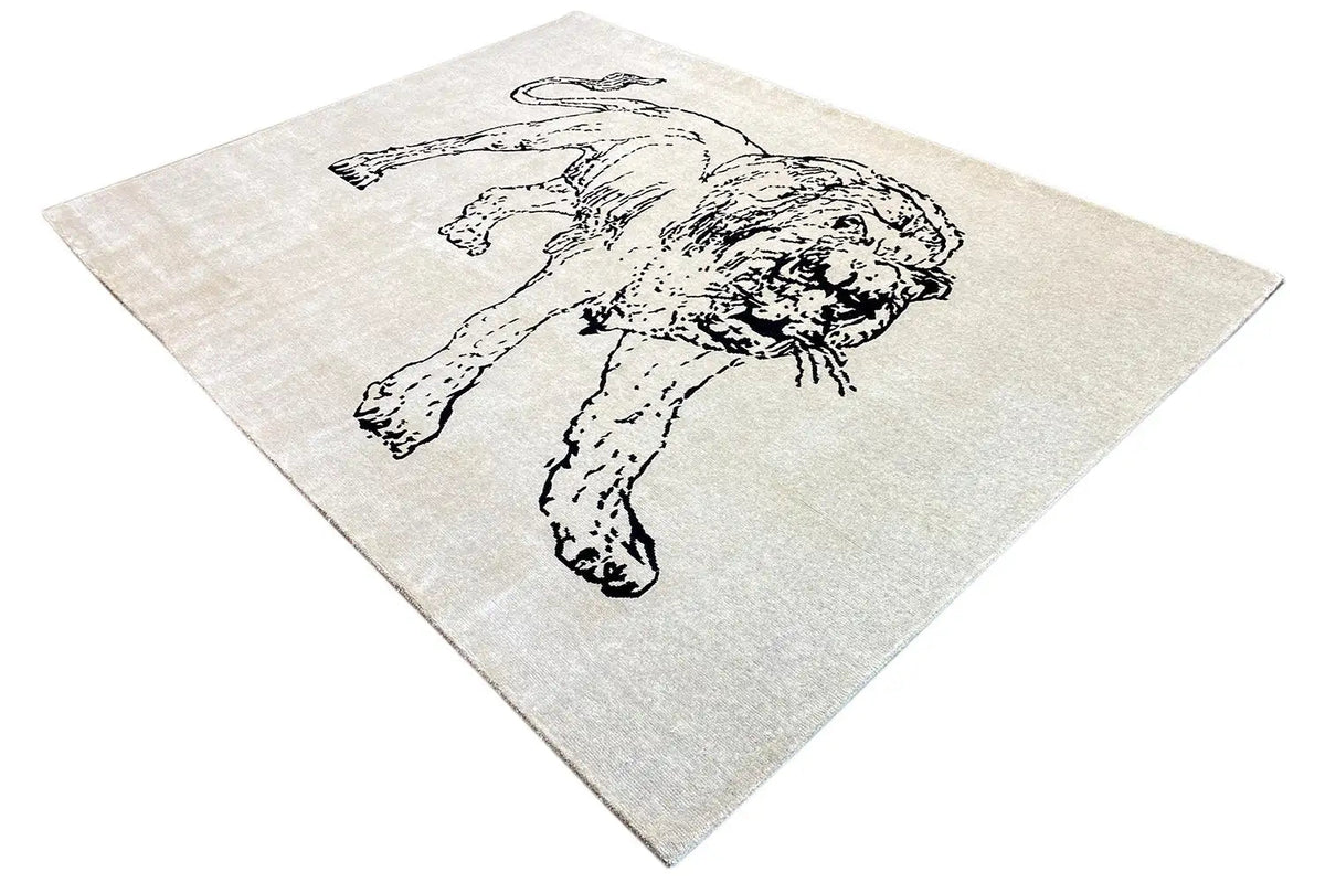 Designer rug with dog motif, light gray, printed in black and white