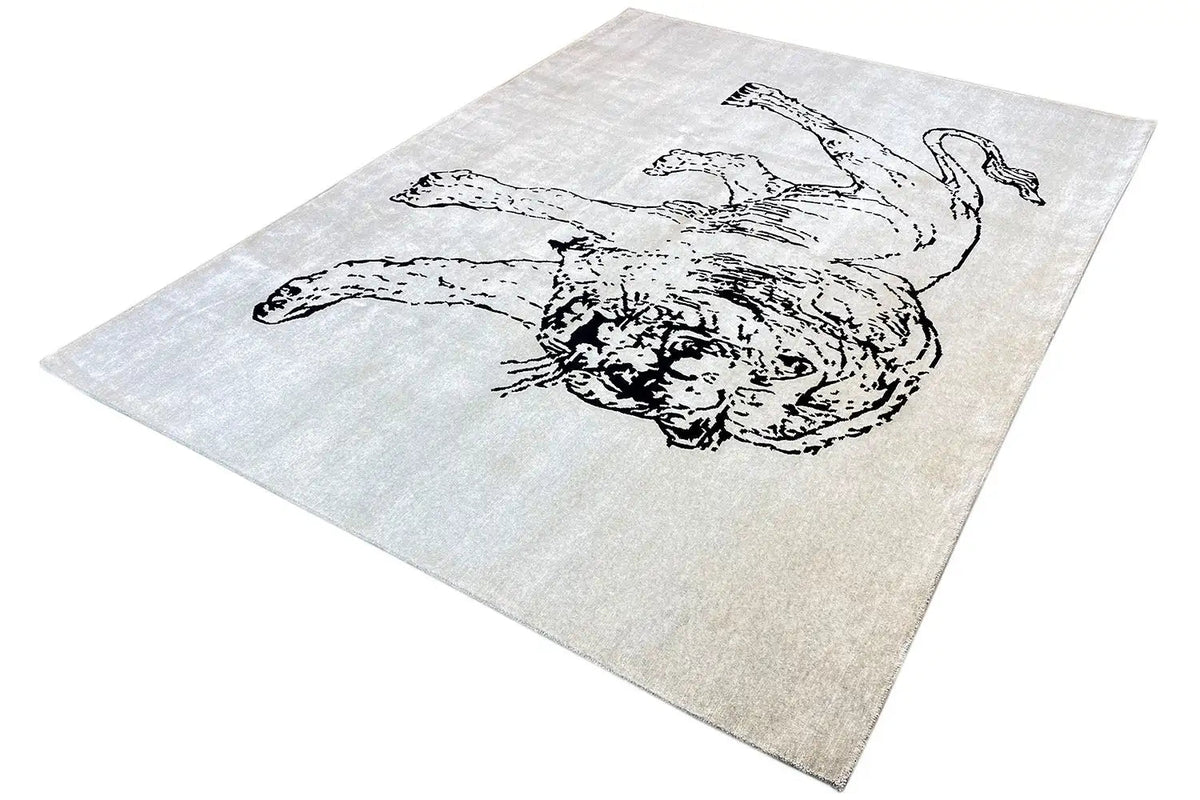Designer rug with dog figure motif, light gray and black-and-white, sideways glance
