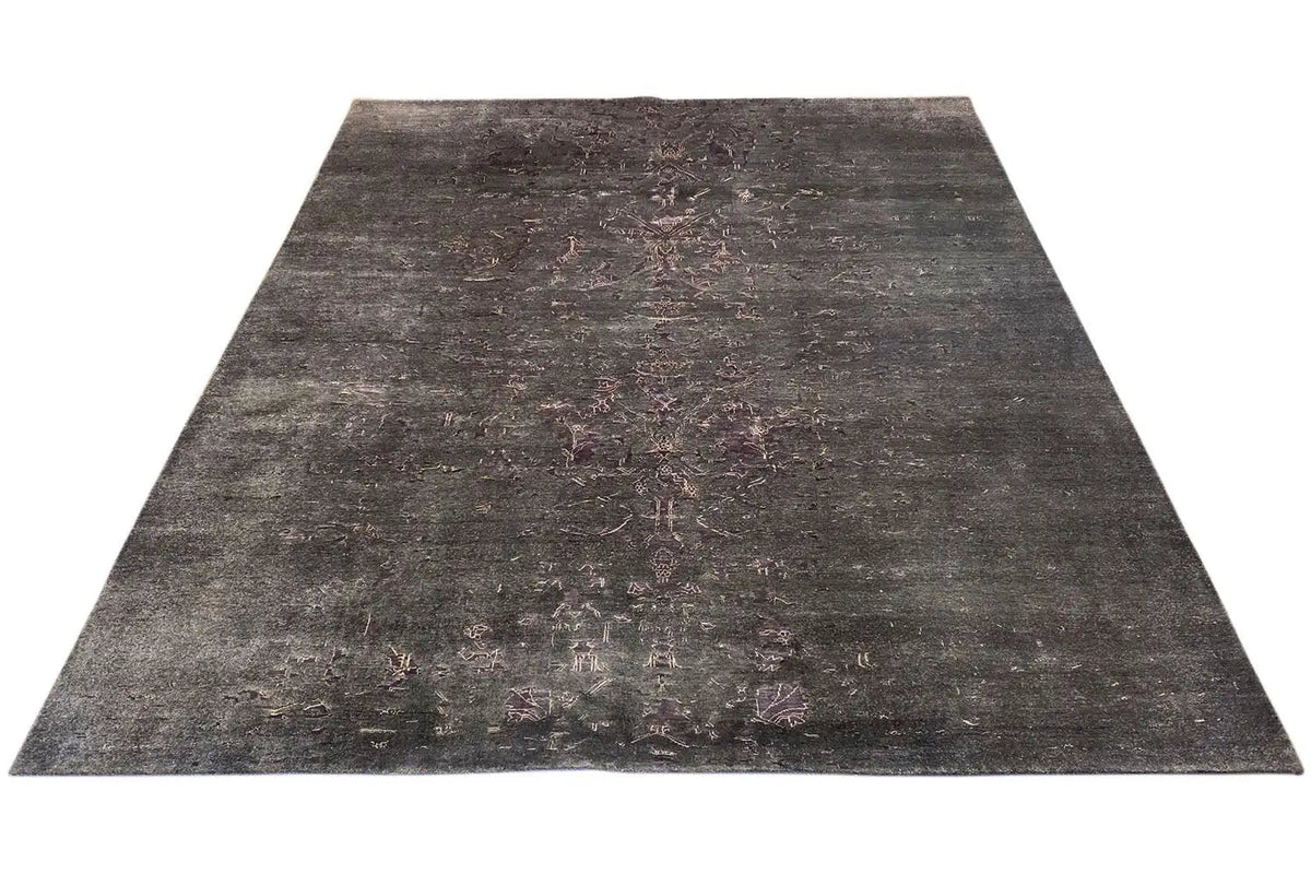 Designer rug, rectangular, dark gray with an abstract vintage pattern, short pile