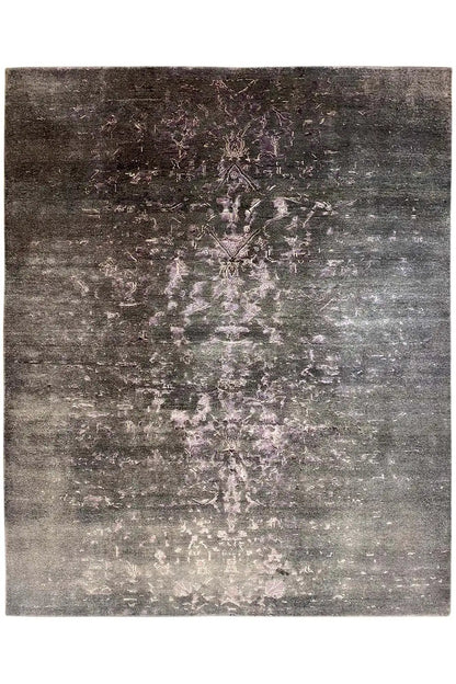 Designer rug, rectangular, dark gray with an abstract pattern in lilac and beige tones