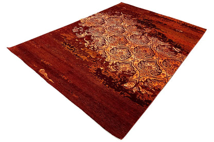 Rug with a burgundy background and golden-brown ornament, diagonal view