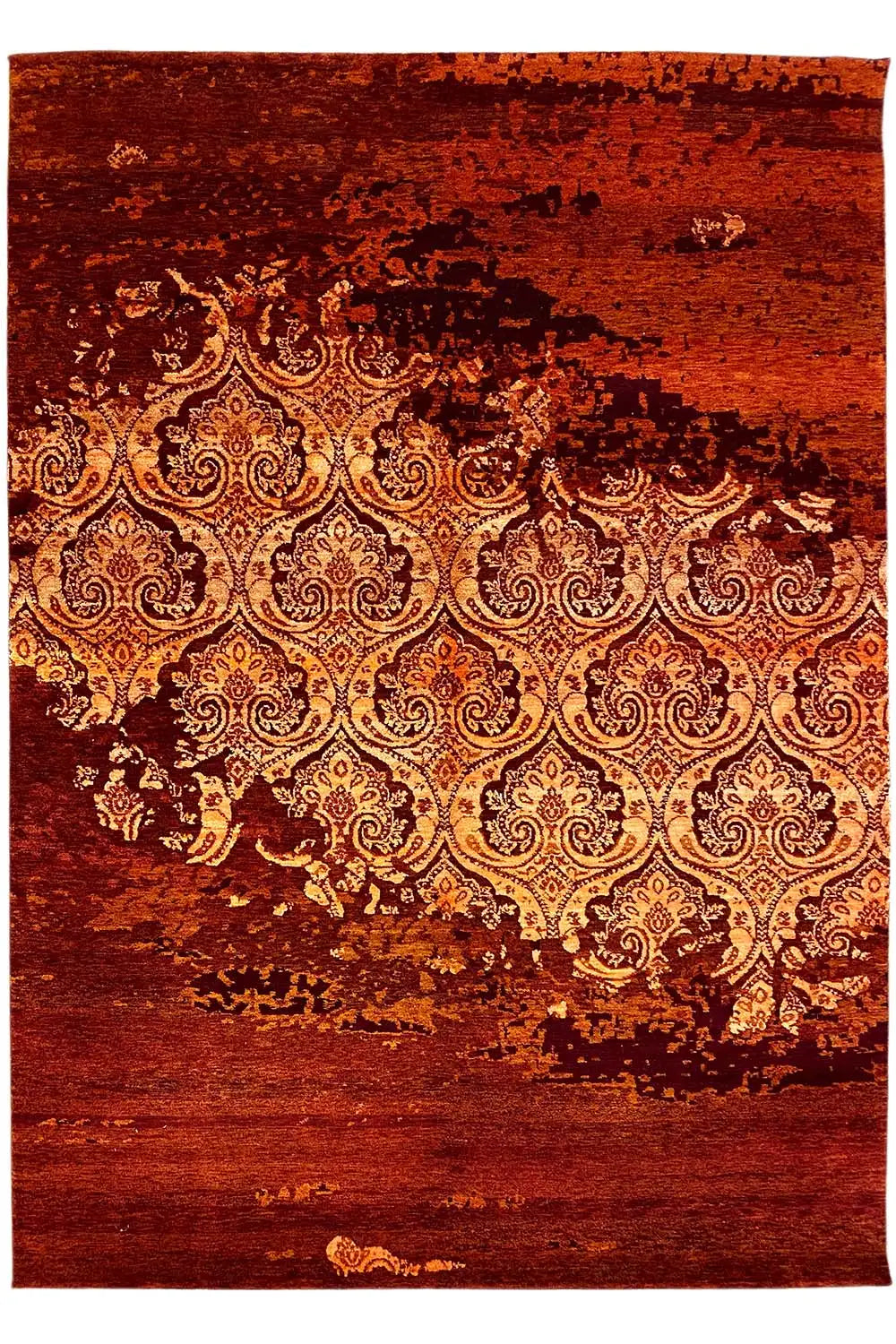 Rug with a burgundy background and golden-brown ornamental pattern, rectangular
