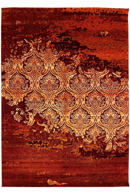 Rug with a burgundy background and golden-brown ornamental pattern, rectangular