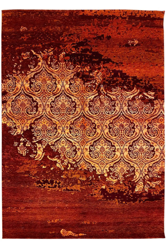 Rug with a burgundy background and golden-brown ornamental pattern, rectangular
