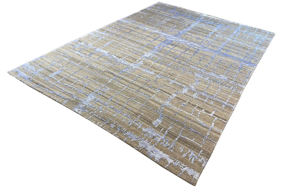 Designer rug 200x290 cm with a gray-brown base and blue-and-white linear pattern