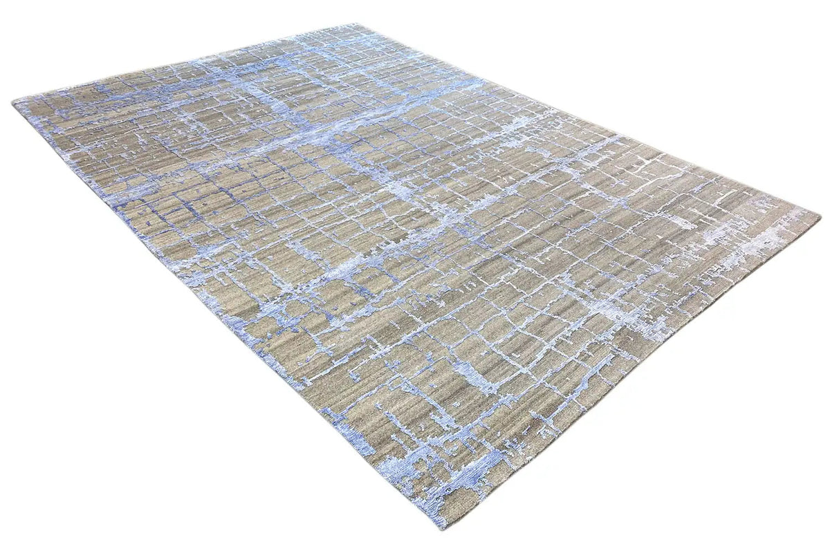 Designer rug 200x290 cm, taupe with a blue-and-white geometric line grid