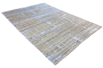 Designer rug 200x290 cm, taupe with a blue-and-white geometric line grid