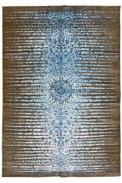 Designer rug with a blue-brown pattern, symmetrical central motif, and fine stripes