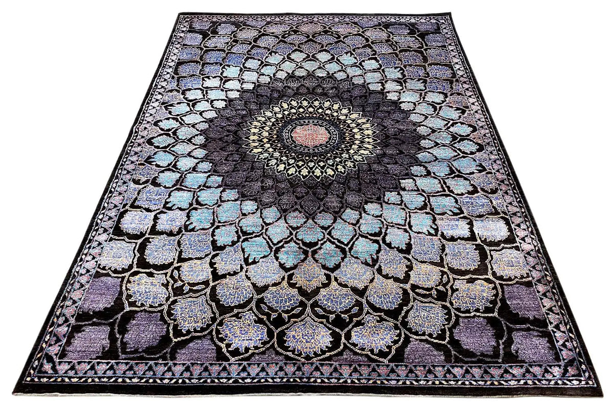 Rectangular rug with medallion design, black background and blue-purple accents