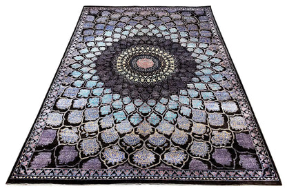 Rectangular rug with medallion design, black background and blue-purple accents