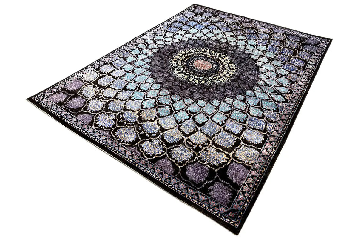 Flat-laid rug with an oriental pattern and centered medallion, black and blue