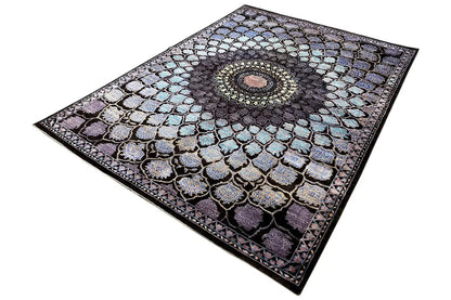 Flat-laid rug with an oriental pattern and centered medallion, black and blue