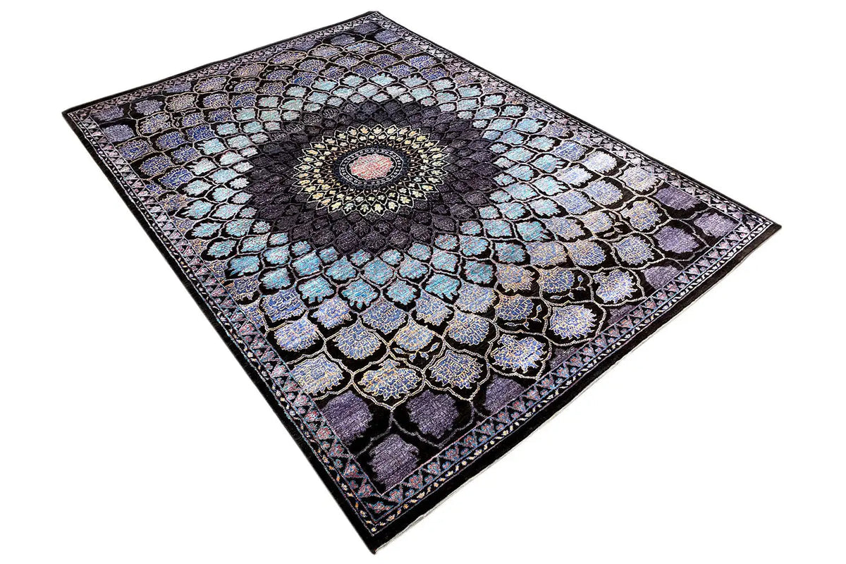 Rug with a detailed ornamental pattern and medallion, in black, blue, and purple tones
