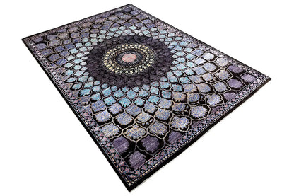 Rug with a detailed ornamental pattern and medallion, in black, blue, and purple tones